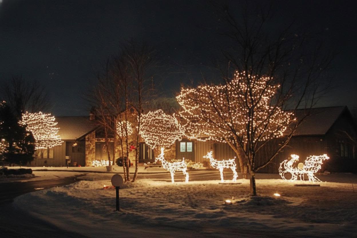The Front Drive of a House with Santa's Sleigh and Christmas Lights on the Trees